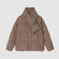 Padded wool blend down jacket with attached scarf collar, snap front, shown in brown on white