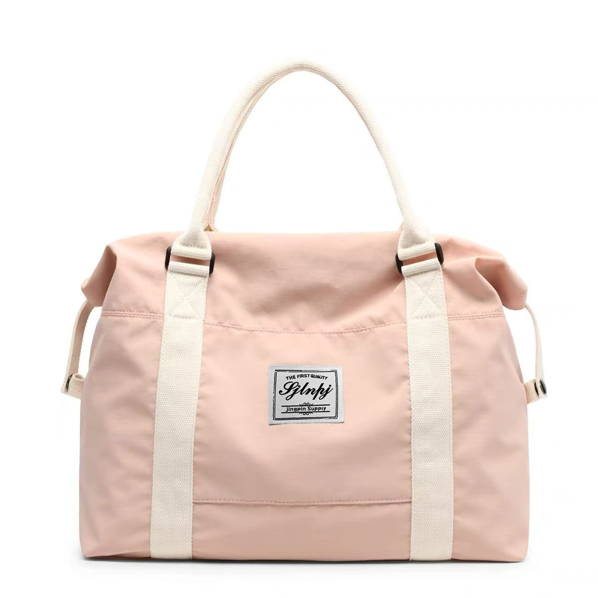 Cream pink nylon weekender bag, front view