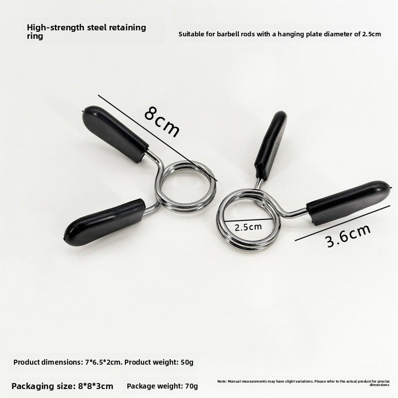 Pair of steel snap rings with black grip tips for 2.5 cm barbell rods, 7 by 6.5 by 2 cm, 50 g