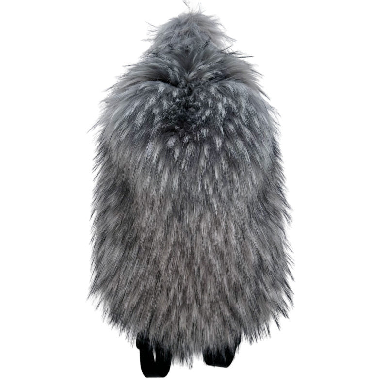 Detail of the plush fur backpack zip closure and top grab handle