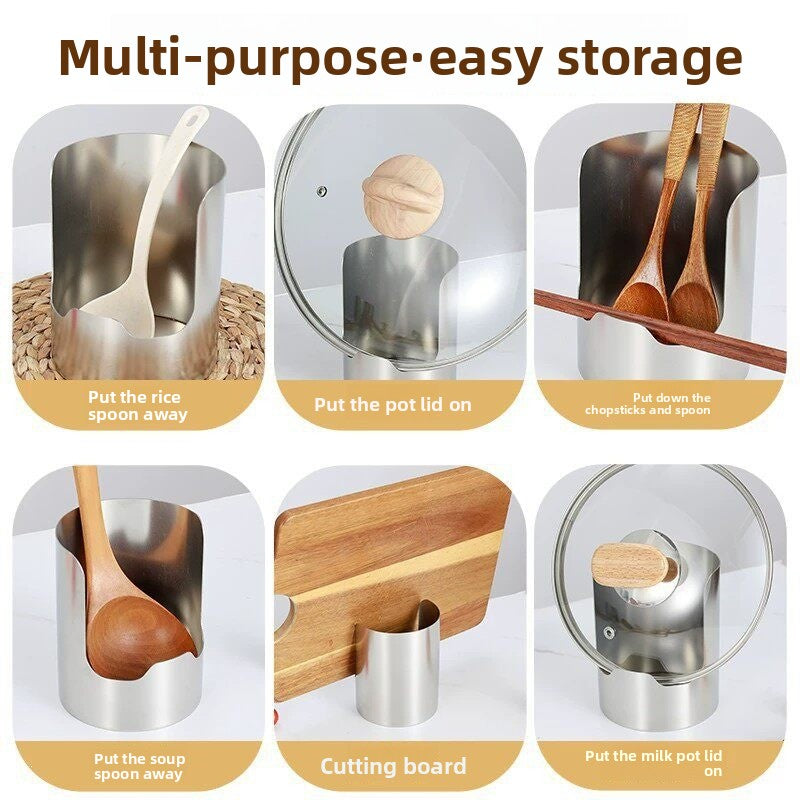 Six uses of the stainless steel holder: rice spoon, pot lid, spoons and chopsticks, ladle, cutting board, milk pot lid