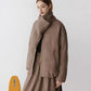 Loose mid length womens down jacket in heathered brown with attached scarf collar on white