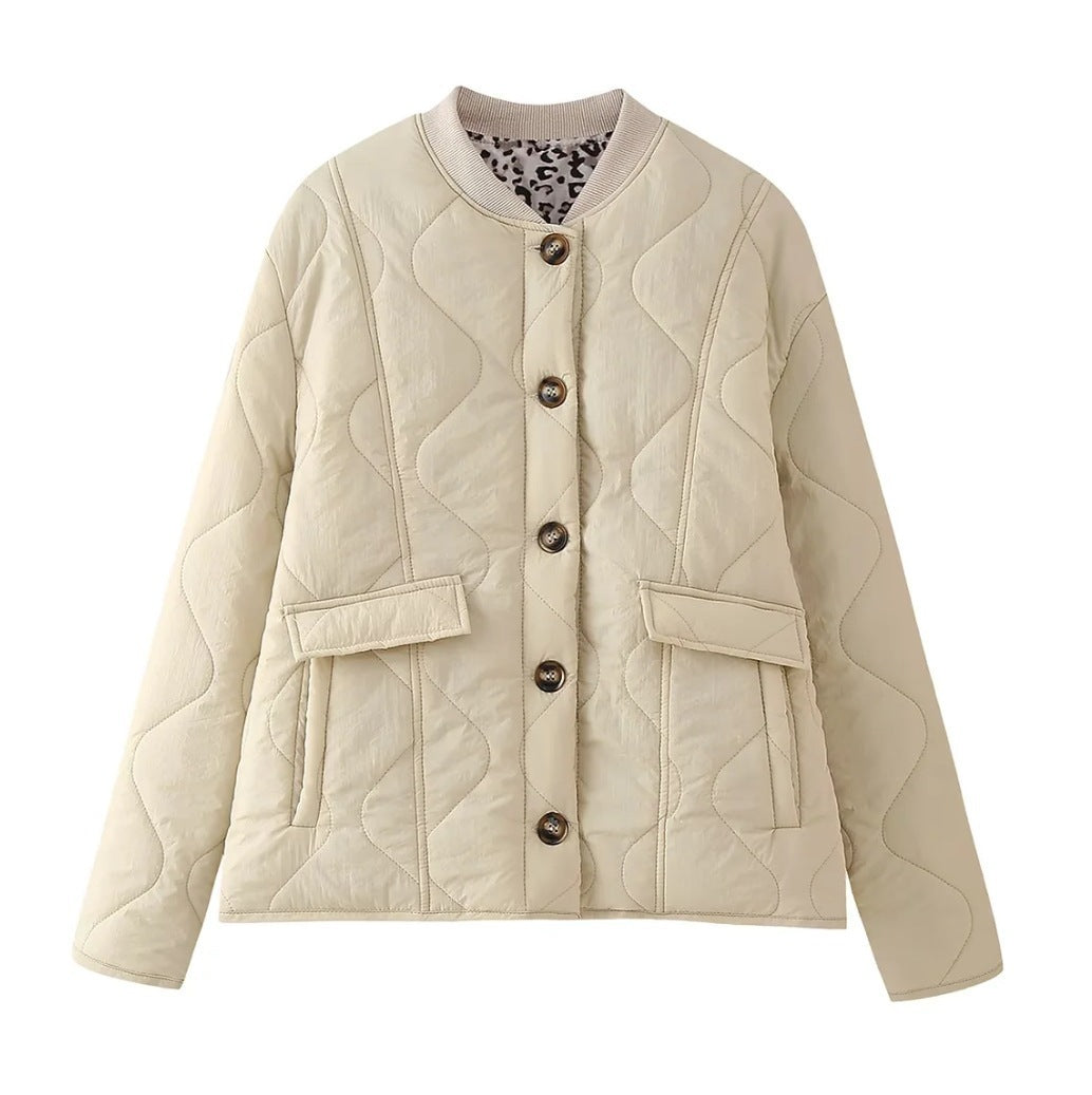Off white onion quilted padded jacket with ribbed stand collar and leopard lined cuffs