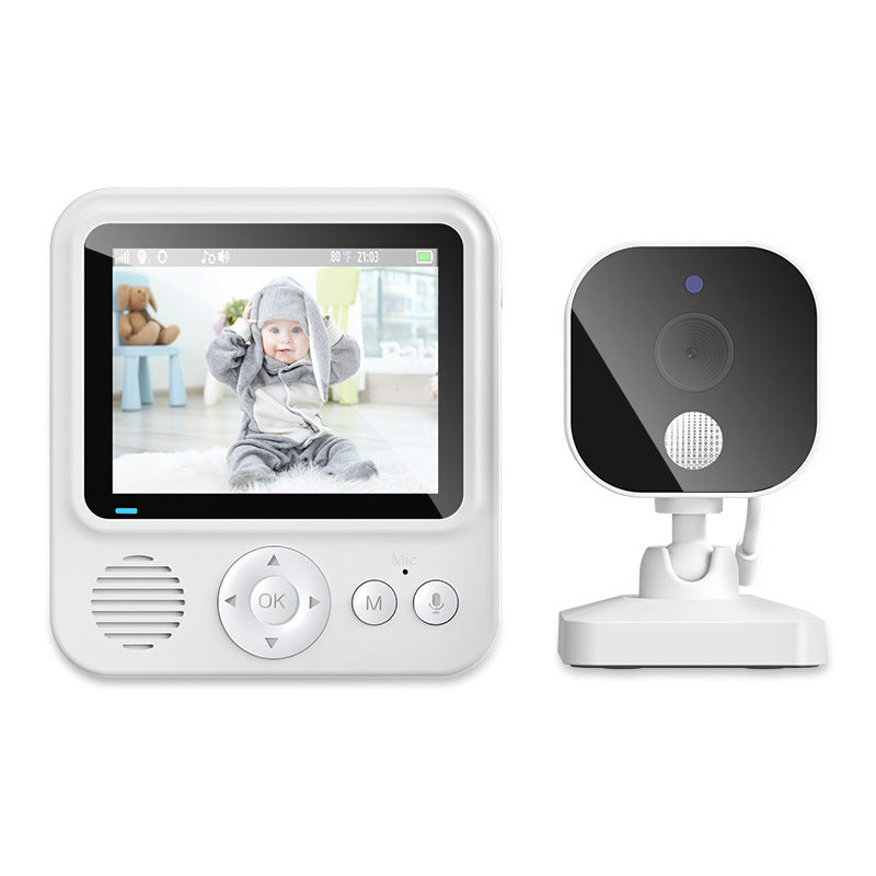 Compact white baby monitor screen with arrow keys and a small square camera on a mount, a baby in a bunny suit
