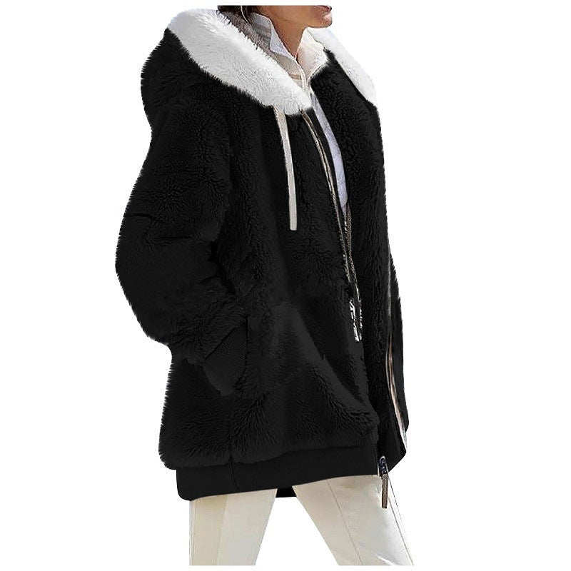 Women's loose plush hooded zip jacket with a contrast lined drawstring hood and two zip pockets