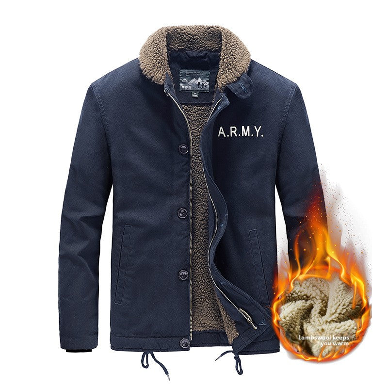 Mens casual cotton jacket with sherpa fleece lining on a plain background