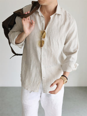 Pure linen long sleeve shirt side profile showing relaxed Italian collar and sleeve drape