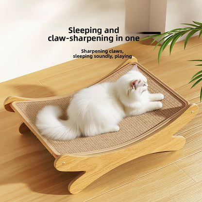 White cat lounging on a curved wood frame cat scratcher with a woven sisal mat