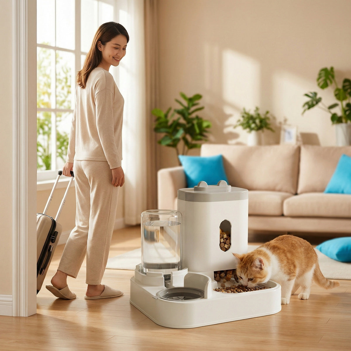 Pet feeder food hopper with the front window showing dry kibble ready to slide into the bowl