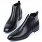 Pair of black square toe ankle boots with a side zip and a low heel seen from the front and side