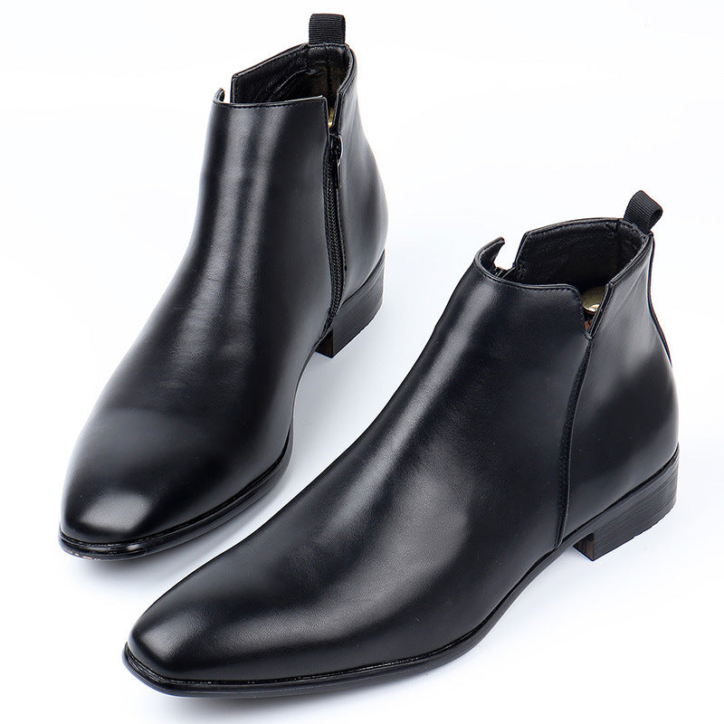 Pair of black square toe ankle boots with a side zip and a low heel seen from the front and side