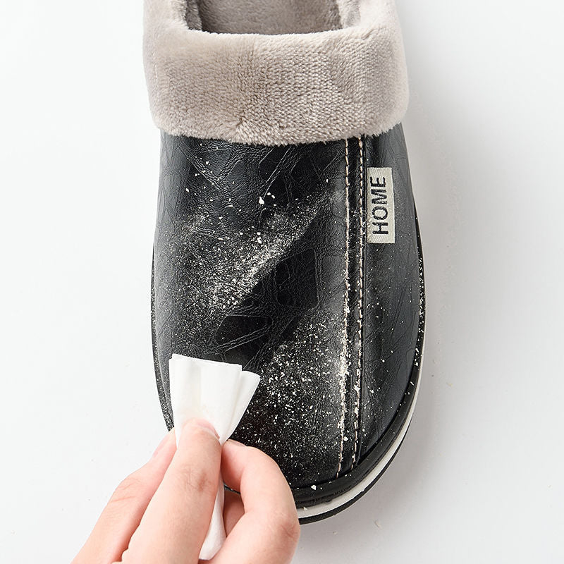 Plush warm home slipper with a PU upper, plush lining and thick anti slip sole, assorted colors