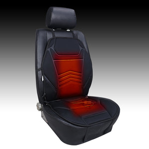 Black heated car seat cushion with a glowing red heating zone across the backrest and seat pad on a black car seat