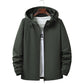Mens nylon windbreaker hood cinched with toggles against a plain wall