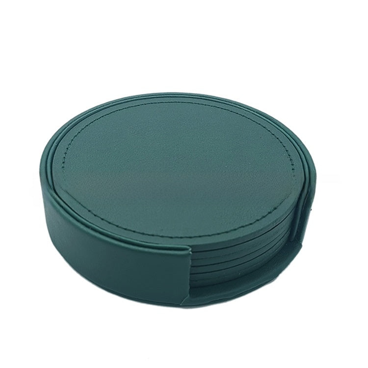 Green PU leather round coaster set with a matching holder