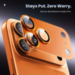 Orange tempered glass camera lens protector lifting off an iPhone camera module