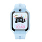 Front view of the blue kids smart phone watch with the camera above the screen and a cat watch face