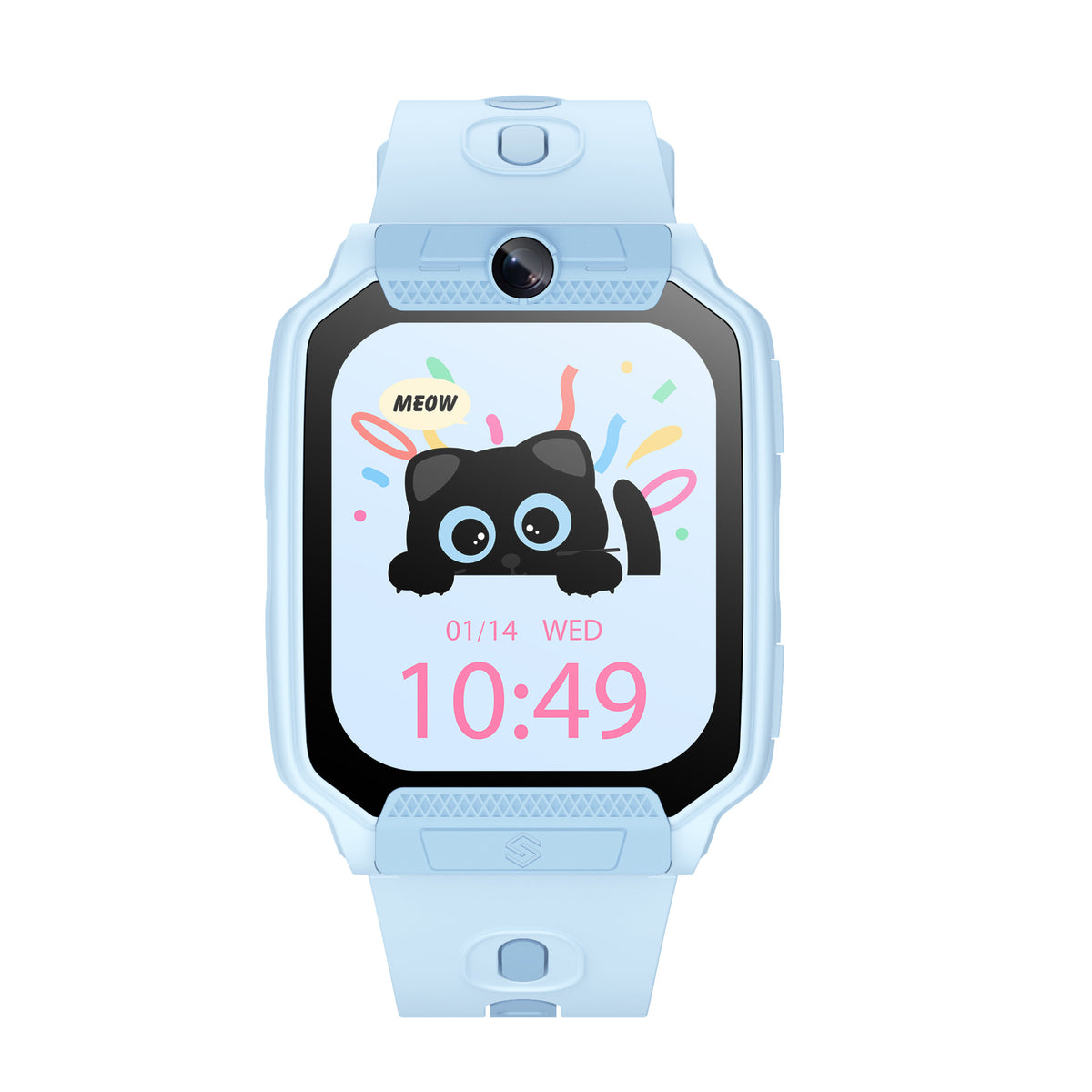 Front view of the blue kids smart phone watch with the camera above the screen and a cat watch face