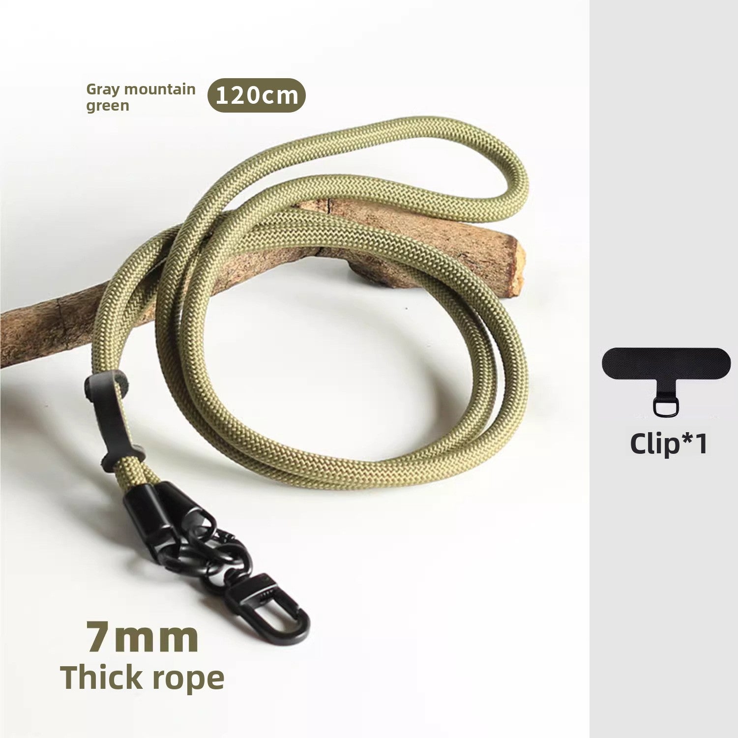 Top down view of the coiled woven phone lanyard and metal buckle