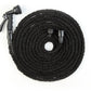Blue expandable garden hose coiled with a seven pattern trigger spray gun