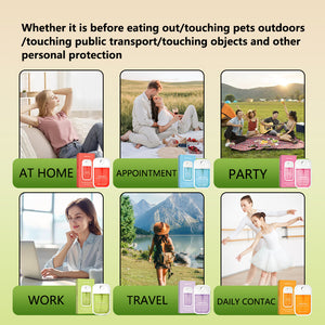 Grid of six lifestyle photographs pairing the flat POWER MIST spray with home, outdoor and work scenes