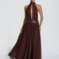 Backless halter chiffon maxi gown with sequin collar, full length view of the gathered chiffon skirt floating