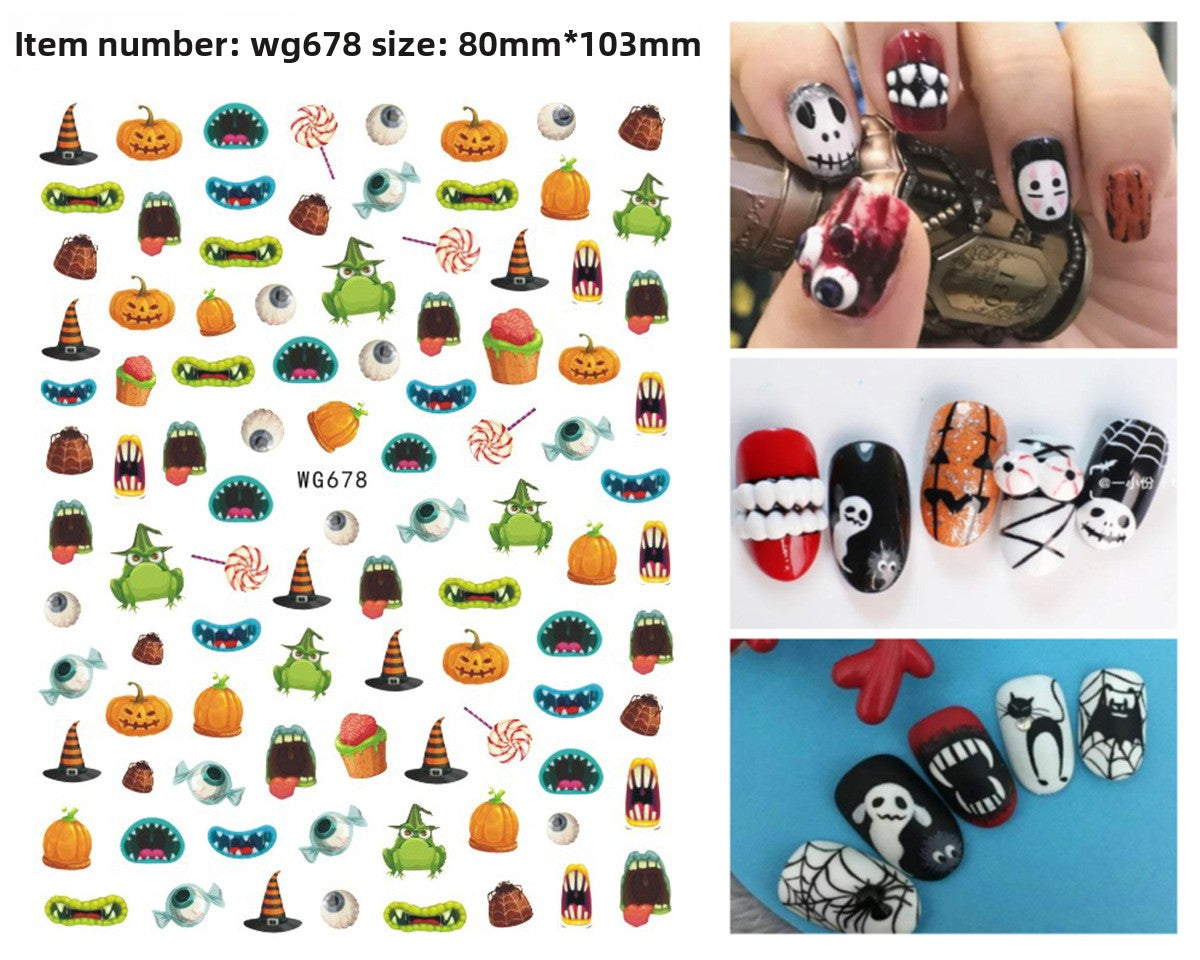 Halloween nail art with cartoon skeleton and monster face designs