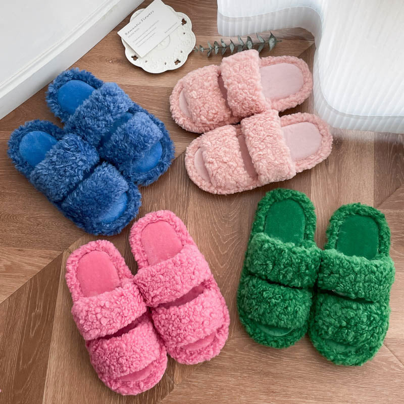 Lamb plush house slippers shown in white pink blue and camel solid colors