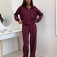 Burgundy zip front hooded sweatshirt and wide leg trousers set, Burgundy color, worn by a model, the Size L option