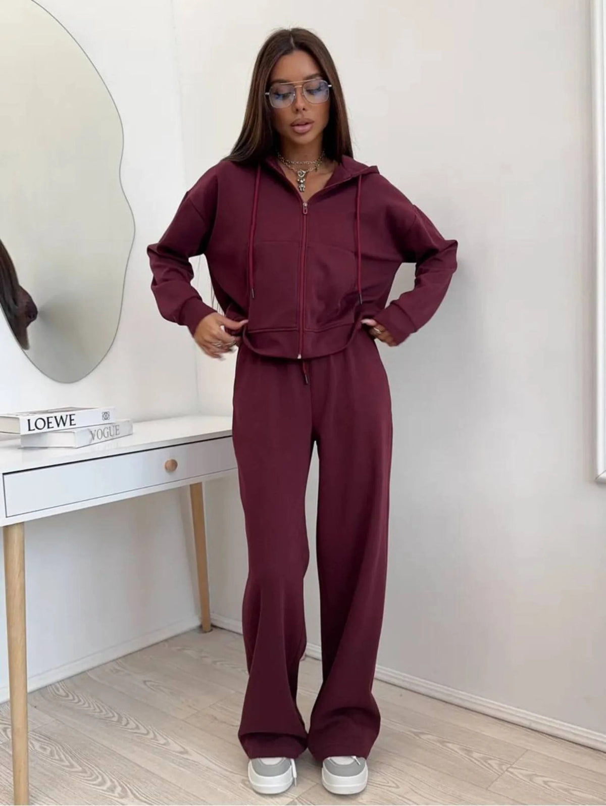 Burgundy zip front hooded sweatshirt and wide leg trousers set, Burgundy color, worn by a model, the Size L option