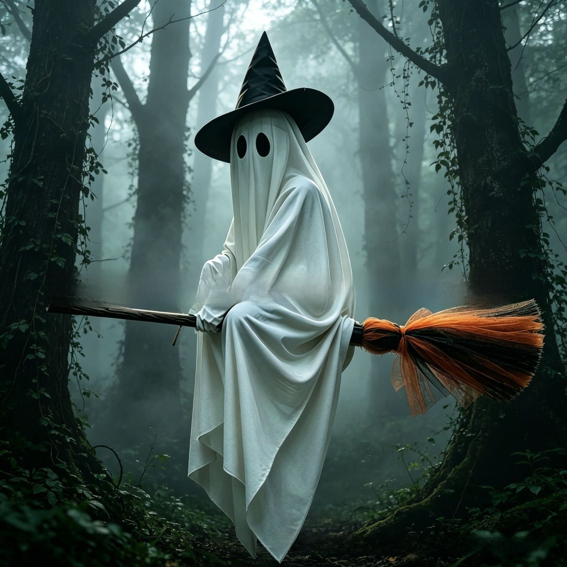 Flying broom ghost decoration hung on fishing line to float over a Halloween yard