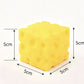 Yellow cheese block squishy toy with a size diagram showing 5 cm on each side