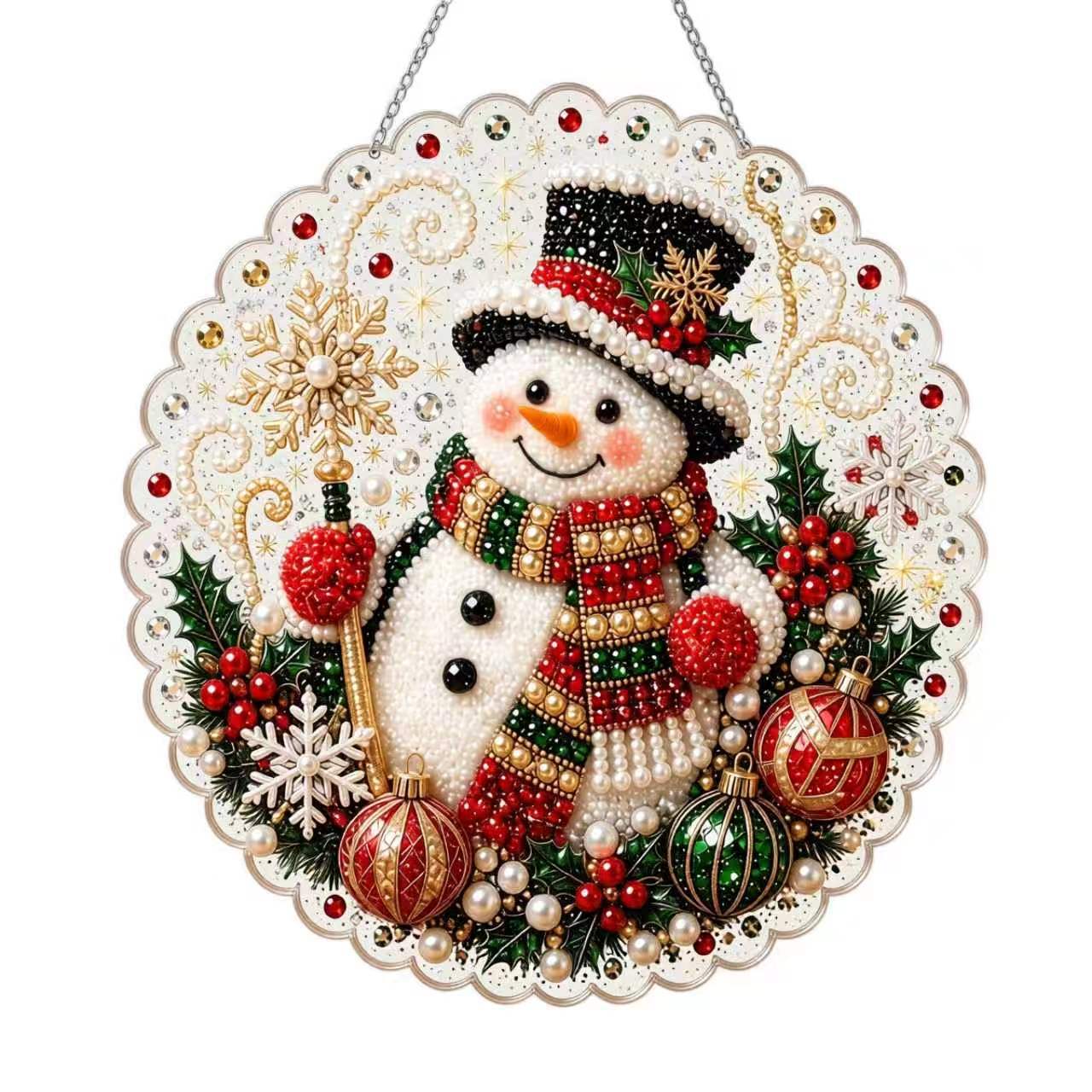 Beaded Christmas ornament with a hanging string on a clear acrylic disc