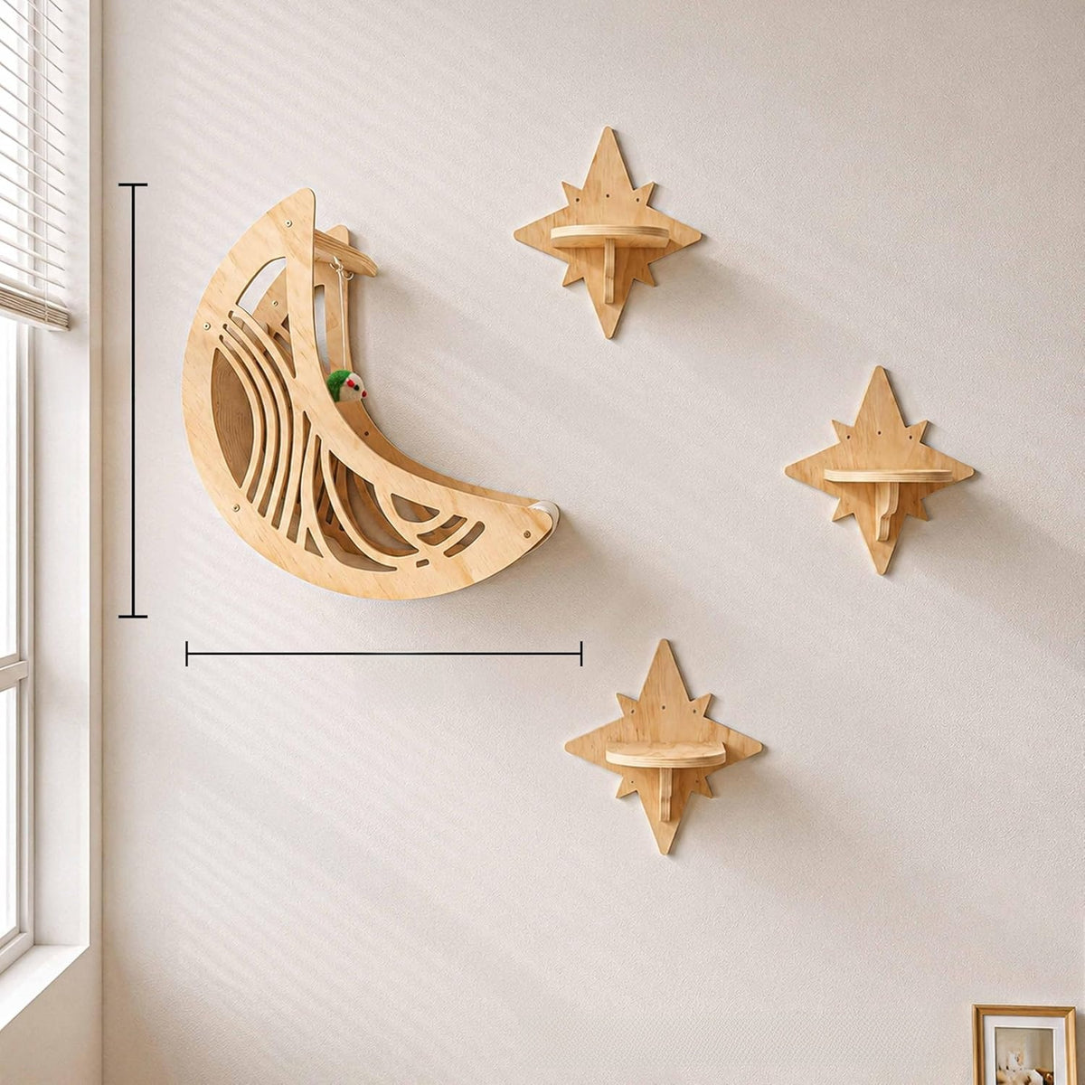 Wall mounted wooden cat perches with star shapes and a moon bed in daylight