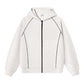 Off white heather zip-up hoodie with dark contrast stitching and a black zip, size L option