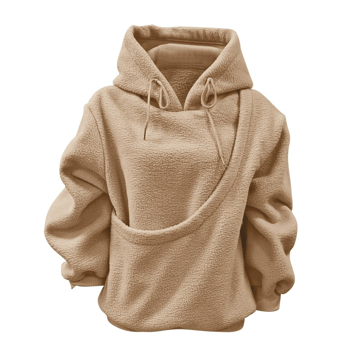 Camel plush fleece hoodie with a diagonal pouch pocket and drawstring hood, option photo for size M