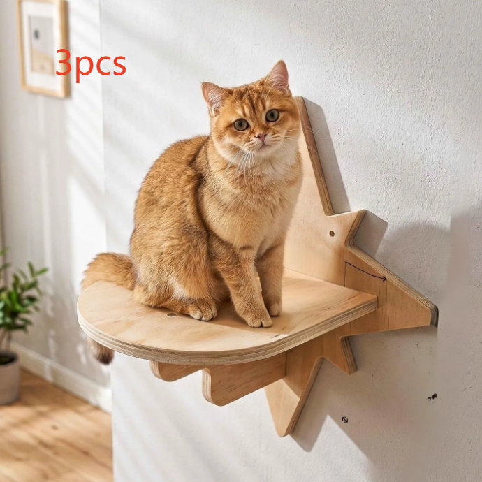 Close view of a wooden star cat wall shelf with a flat perch and star board