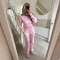 Womens two piece lounge set, a front zip jacket and straight leg drawstring pants in a soft sweat knit