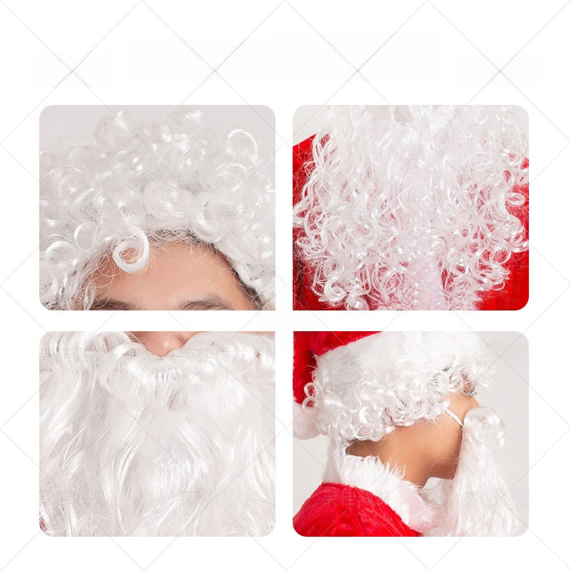 White curly synthetic Santa Claus costume wig and matching beard set, close view of the fibre