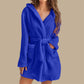 Royal Blue plush hooded fleece robe with tie belt, worn by a model, size XXL option