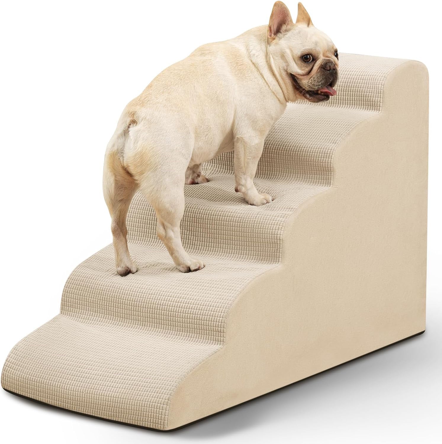 Ribbed fabric covered foam pet stairs in a solid colour, tiered steps for a pet to climb a tall bed