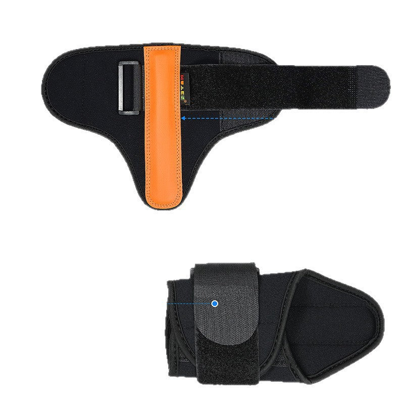 Flat view of the black fabric golf wrist support with orange bar and plastic slide buckle, open and wrapped