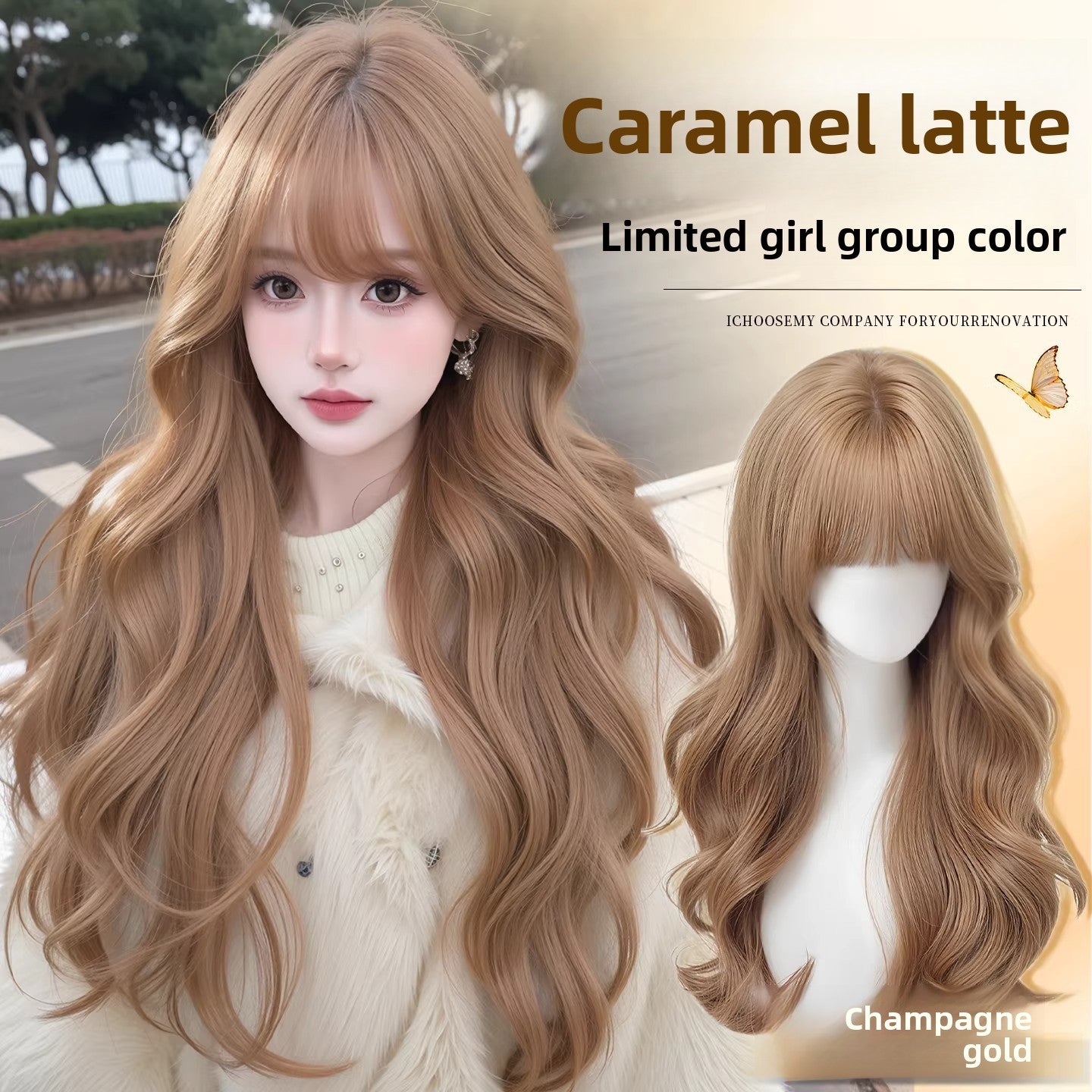 Champagne gold long wavy synthetic wig with bangs worn outdoors, shown beside the wig on a mannequin