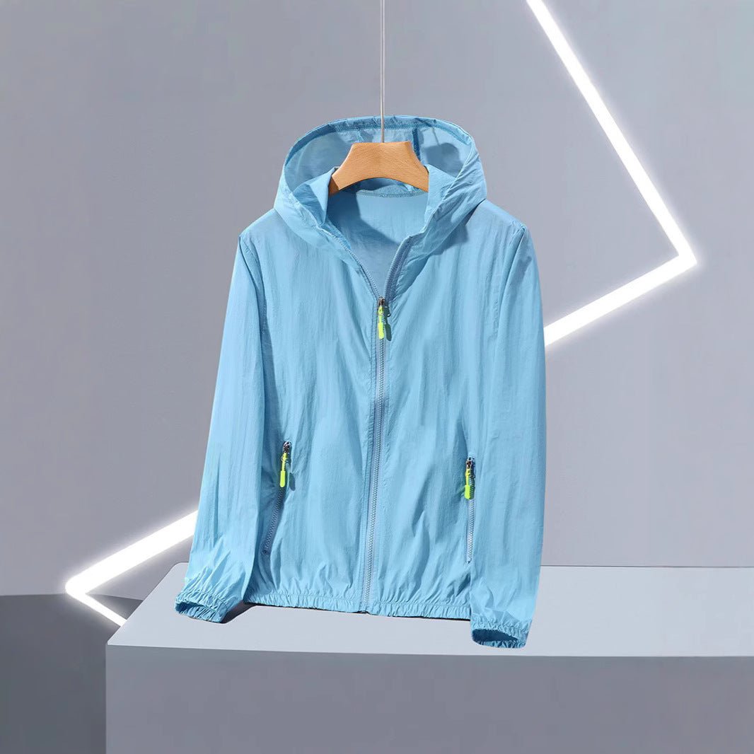Sky blue lightweight hooded zip jacket with front zip, zip pockets and elastic hem on a hanger