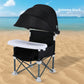 Folding baby feeding chair with canopy and removable white tray on a pale background