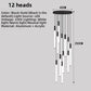 Specification panel of the 12 heads spiral LED chandelier with aluminum acrylic tubes, dimensions and light source