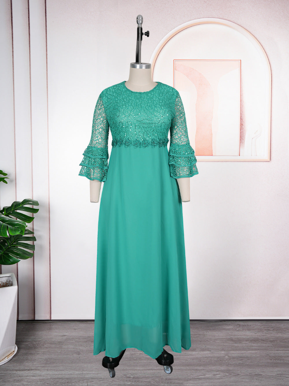 Floral lace and chiffon maxi dress with a high waist and crew neck