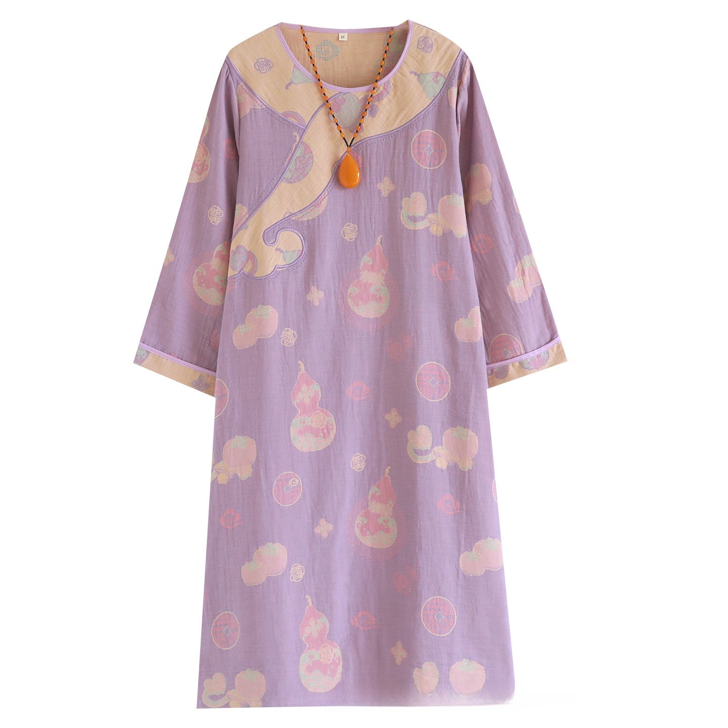 Purple double-layer gauze nightgown with calabash print and contrast shoulder yoke