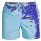 Close view of the swim shorts fabric texture and color-change finish