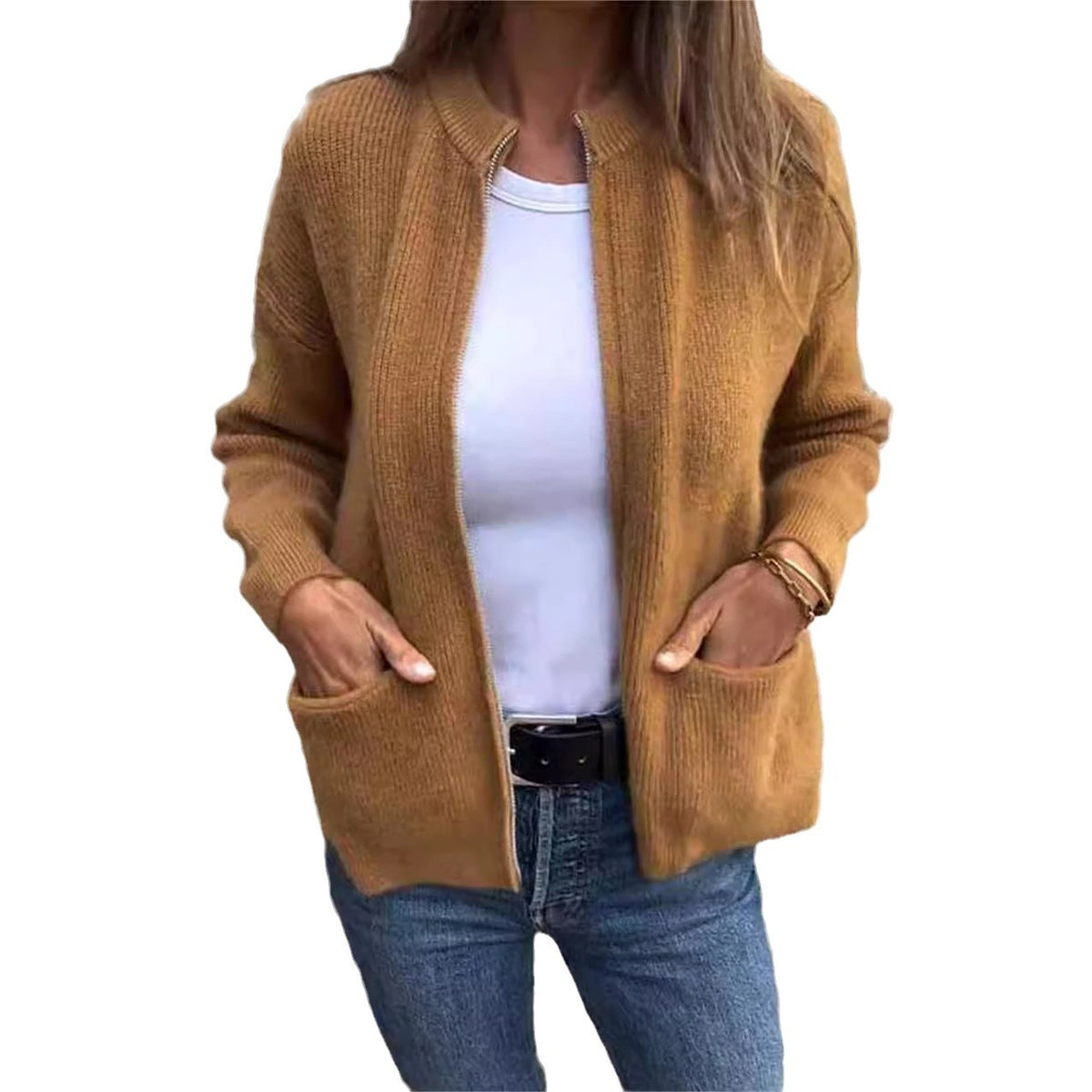 Mustard yellow zip-front cardigan with patch pockets on a white background